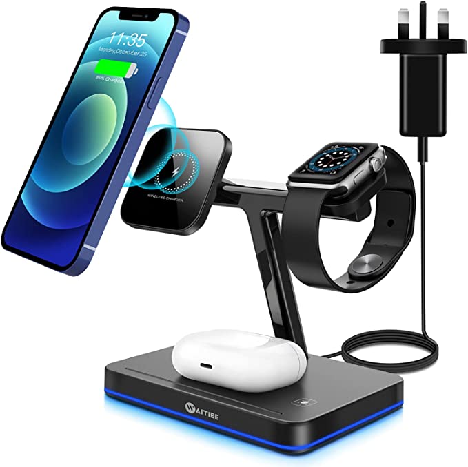 WAITIEE 3 in 1 M-agSafe Charger Magnetic Wireless Fast Charging Station with PD Adapter Compatible with iPhone 12/12 Pro Max/Mini/AirPods Pro-Black