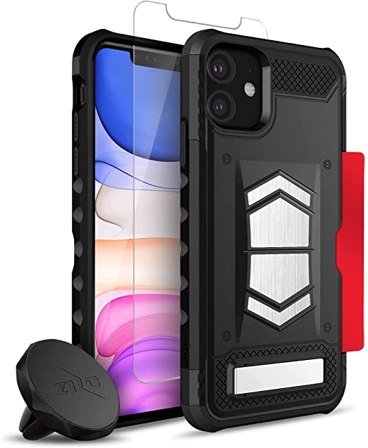 ZIZO Electro Series iPhone 11 Case - Military-Grade Protection w/Kickstand Hidden Card Slot Tempered Glass Magnetic Air Vent Holder - Black