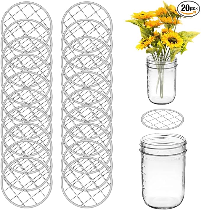 20 Pieces Mason Jar Flower Frog Holder Lid Arrangement Flower Insert Lid Grid Organizer Lid Metal with Square Grids for Regular Standard Mouth Canning Jar.