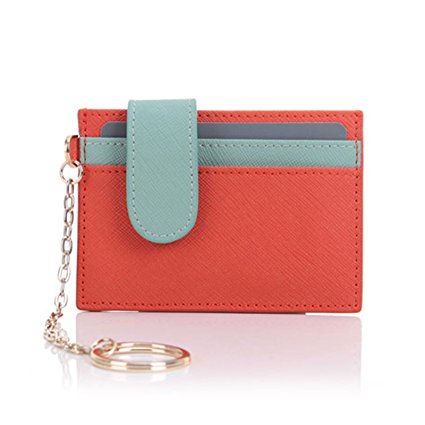 Womens Genuine Leather Slim Credit Card Holder Wallet with Key Chain