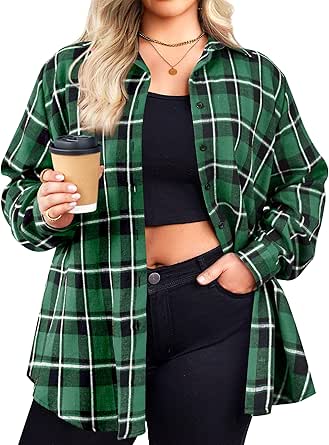 Zeagoo Womens Plus Size Flannel Shirt Plaid Shirts Long Sleeves Casual Button Down Collared Shacket Tops 16W-26W