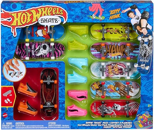 Hot Wheels Skate, 8 Fully Assembled Tony Hawk-Themed Finger Skateboards and 4 Pairs of Skate Shoes, 1 Exclusive Set, 8-Pack Bundle