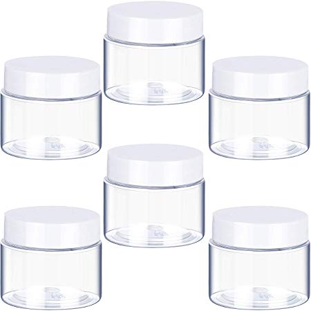 6 Pack 1 oz Plastic Pot Jars Round Clear Leak Proof Plastic Cosmetic Container Jars with White Lids for Travel Storage Make Up, Eye Shadow, Nails, Powder, Paint, Jewelry(1 oz)