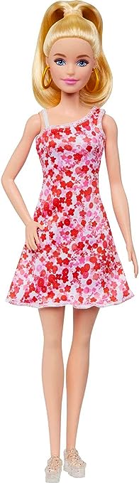 Barbie Fashionistas Doll #205 with Blond Ponytail, Wearing Pink and Red Floral Dress, Platform Sandals and Hoop Earrings