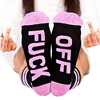 Shele Unisex Ribbed Knit Funny Fuck Off Cotton Half Crew Socks