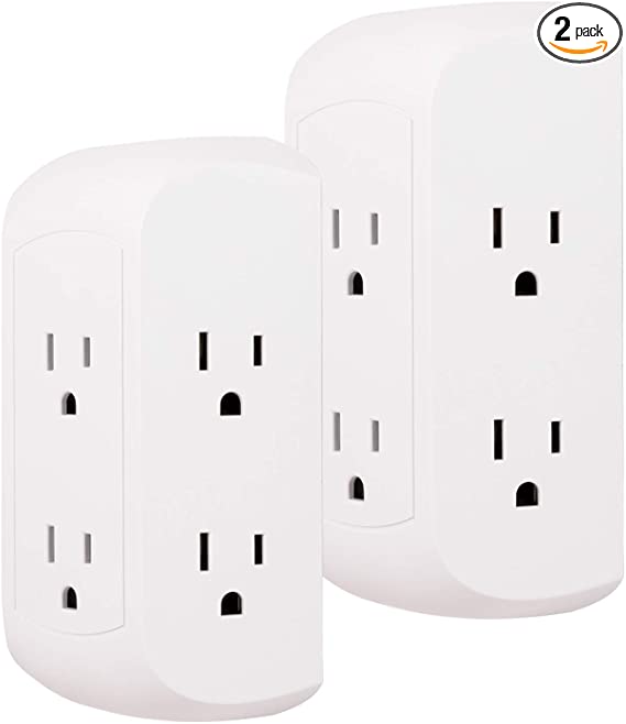 GE UltraPro 6-Outlet Surge Protector Adapter Spaced Wall Tap, 2 Pack, 3-Prong Power Strip, Charging Station, Side Access, White, 47847