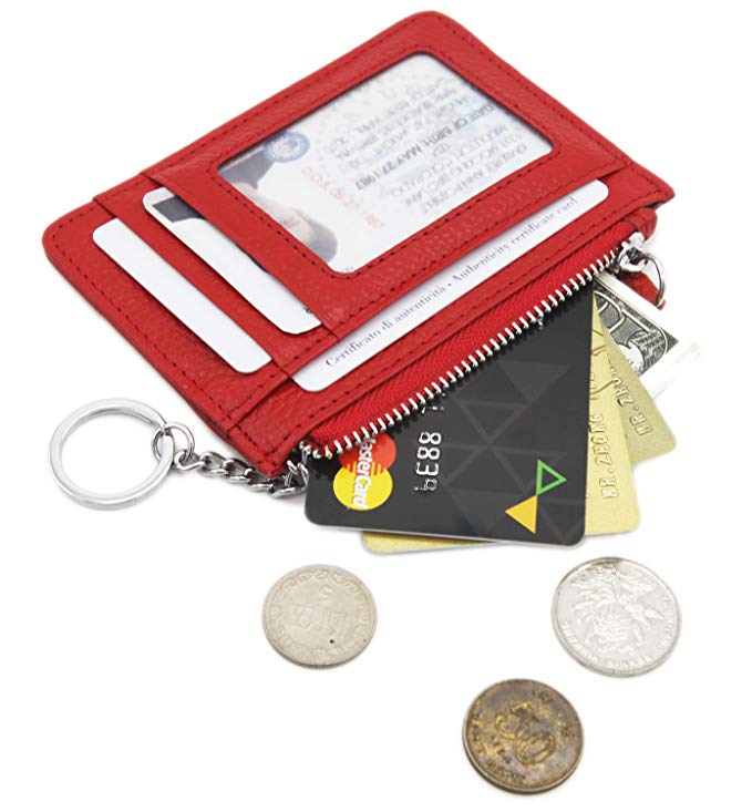 Zhoma RFID Blocking Genuine Leather Wallet - Credit Card Holder with Key Ring and ID Window