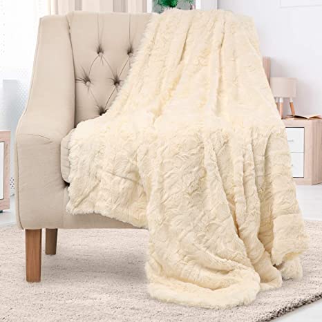 Everlasting Comfort Luxury Faux Fur Throw Blanket - Soft, Fluffy, Warm, Cozy, Minky, Comfy, Plush (Ivory)