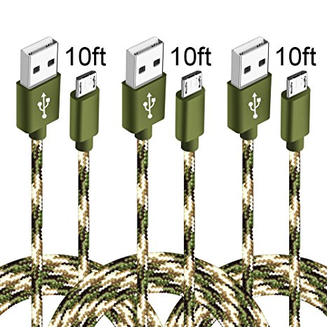 Micro USB Cable,XUZOU 3Pack 10FT Extra Long Nylon Braided Micro USB Charger Cables Android Fast Charger Data Sync Charging Cord for Samsung Galaxy S7 Edge/S6/S5/S4,Note 5/4,HTC,LG,Tablet (Camo Green)