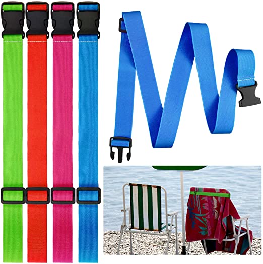 4 Pcs Towel Bands for Beach Chairs Adjustable Beach Towel Bands Beach Towel Holder Elastic Chair Clips Towel Straps for Beach Pool Cruise Carnival Ship Travel Vacation Accessories Essentials, 4 Colors