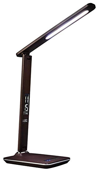 OttLite Renew LED Desk Lamp with Touch Dimmer and USB Charging Port | 6 Brightness Mode, Adjustable, Reduces Eyestrain | LCD Screen Displays Date, Time and Temperature | Great for Office, Home (Brown)