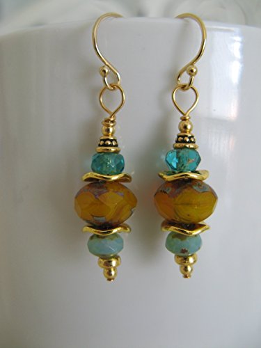 Aqua and Honey Yellow Czech Picasso Glass Mixed Metals Earrings on Gold Filled Earring Wires Boho Artisan Jewelry