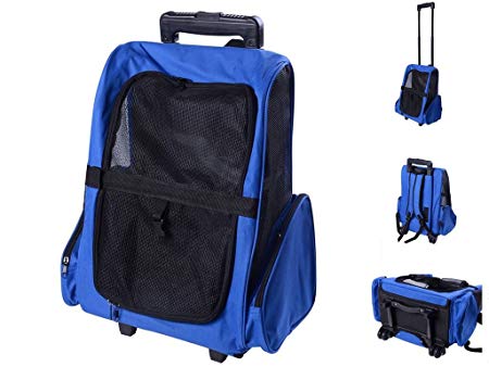 PawHut 4-in-1 Pet Luggage Box Carrier Cat Dog Backpack Crate Rolling Wheel w/Removable Stand Blue