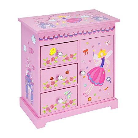 JewelKeeper Wooden Music Box with 3 Pullout Drawers, Fairy and Castle Design, Waltz of the Flowers Tune
