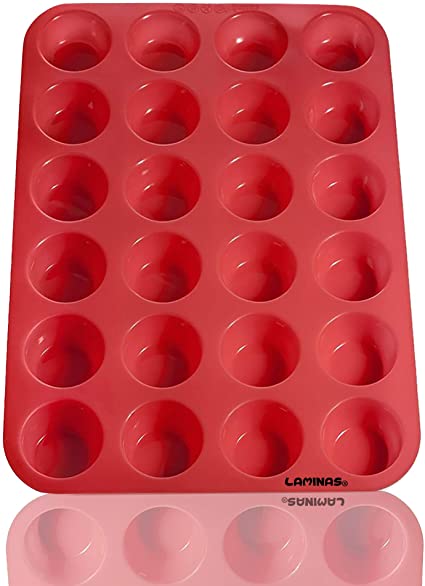 Laminas Silicone Mini Muffin Cupcake Baking Pan 24 Cup Bite Size, BPA Free, Non Stick, Easy To Clean, Oven, Microwave, Dishwasher, Freezer safe, Heat Resistant Up To 450F, Red - Plus Free Recipe