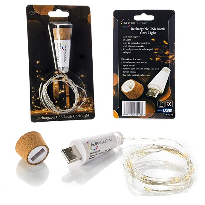 Auraglow Rechargeable USB Bottle Cork Wire Fairy String Light with 15 LED's