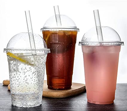 TashiBox [ 16oz - 100 Set ] Plastic Cups with Dome lids Clear, Iced Coffee, Smoothie, Juice, Soda, Cocktail and Party Cups