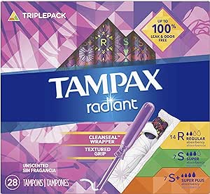 Tampax Radiant Tampons Trio Pack Regular/Super/Super Plus Absorbency, Unscented, 28 Count