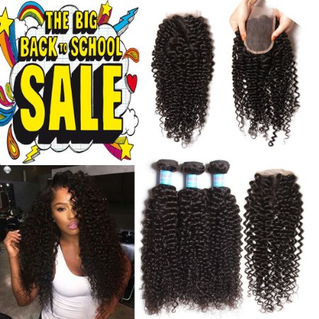 Longqi Hair Unprocessed 7A Grade Brazilian Curly Virgin Hair Weave 3Bundles with 1piece Lace Closure 4*4inch 18 20 22+14Inch Closure Free Part Natural Color 100% Virgin Human Hair Extensions