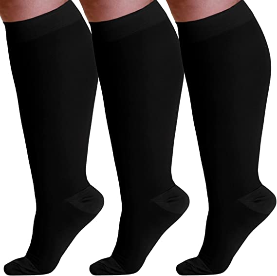 ABSOLUTE SUPPORT (3 Pairs) Plus Size Compression Socks Wide Calf 20-30 mmHg - Made Black, 2X-Large