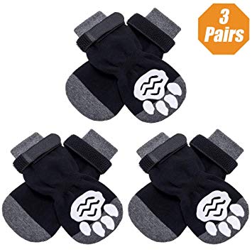 KOOLTAIL Anti-Slip Dog Socks with Strap 3 Pairs - Non Skid Knit Dogs Boot Rubber Sole Traction Control Paw Protectors for Dog Cat Indoor Wear