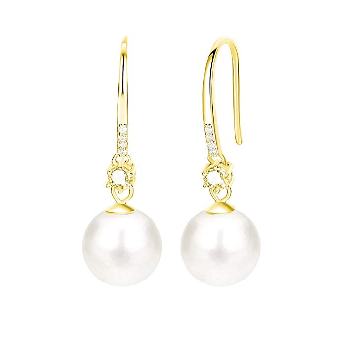JORA Pearl Drop Earrings for Women 925 Sterling Silver Cubic Zirconia 10mm Simulated Pearl Dangle Earrings for Wedding Jewelry