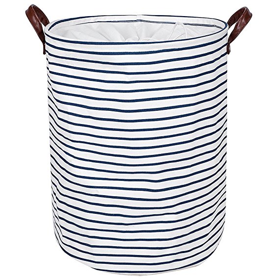 DOKEHOM DKA0821BLL 19.7" Thickened Large Laundry Basket with Locking Drawstring, Waterproof Round Cotton Linen Collapsible Storage Basket (Blue Strips, L)