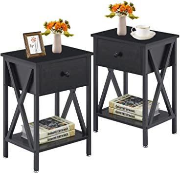 VECELO Nightstand Modern Side End Sofa Table Night Stand with Bin Drawer for Living Room Bedroom, Industrial Metal Frame, Set of 2, Black