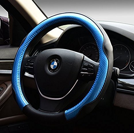 Sports Colorful Car Steering Wheel Cover Automotive Interior Protection - PU Leather Anti Slip Wrap Universal Fit for 15 inch (Blue)