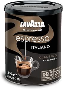 Lavazza, Espresso Italiano Classico, Café Molido Natural, Ideal para Cafetera Italiana, de Filtro y Francesa, con Notas de Caramelo y Chocolate, 100% Arábica, Intensidad 5, Tueste Medio, Lata de 250 g