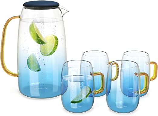 Navaris Water Pitcher with 4 glasses - 52oz Glass Jug for Hot and Cold Water, Drinks, Wine, Tea, Coffee - Borosilicate Carafe Set - Blue