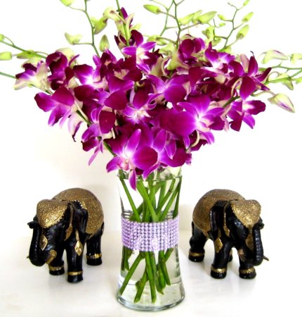 Purple Dendrobium Orchids with Vase w Rhinestone Mesh Ribbon