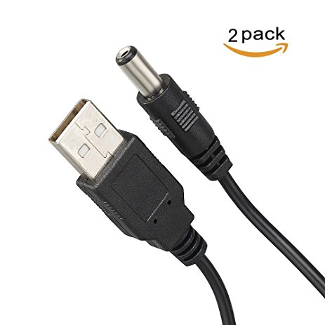 TENINYU USB 2.0 A Male to DC 5.5x2.1mm 5 Volt DC Connector Charge Barrel Jack Power Cable Black, 4FT (Max 2.5 Ampere Power Cable, Center PIN Positive),2Pack