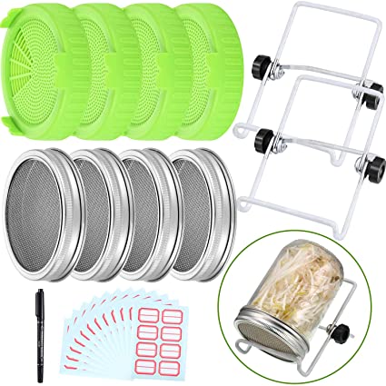 8 Pieces Sprouting Lids Plastic and Stainless Steel Strainer Lid with 2 Sprouting Stands for 86 mm Wide Mouth Mason Canning Jars, Sprouting Lids Kit Suits for Grow Bean Sprouts Alfalfa Salad Sprouts
