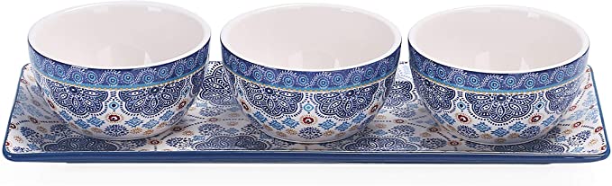Bico Blue Talavera Ceramic Dipping Bowl Set (9oz bowls with 14 inch platter), for Sauce, Nachos, Snacks, Microwave & Dishwasher Safe
