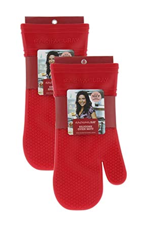 Rachael Ray Gourmet Silicone Kitchen Oven Mitt/Glove with Quilted Cotton Liner Insulated Pocket, Heat Resistant up to 500 Degrees, Made with Non-Slip, Textured Design, 14” long, Cherry Red 2pk