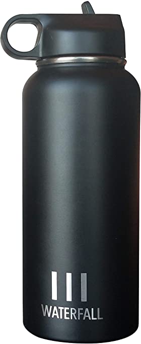 Waterfall Bottle 32oz / 950mL Capacity Black – Made for Traveling - Double Wall Vacuum Insulated Stainless Steel (Keeps 24 Hours Cold, 12 Hours Hot ) Leak Proof Sports Water Bottle with Wide Mouth and Free BPA Straw Cap