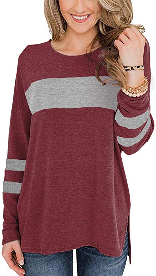 Odosalii Womens Color Block Pullover Long Sleeve Round Neck Sweatershirt Side Split High Low Tunic Tops