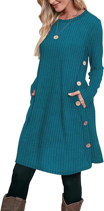 Aokosor Jumper Dress for Women Tunic Dress Ladies Long Sleeve Dress with Pockets Side Buttons Dress for Leggings