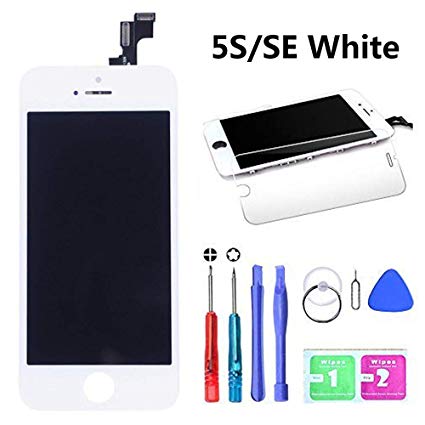 HTECHY Screen Replacement Compatible for iPhone SE/5S LCD - Compatible for iPhone SE/5S White LCD Touch Screen Display Repair Kit Assembly with Complete Repair Tools Including Free Screen Protector