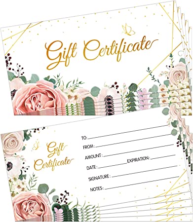 100 Pieces Blank Present Certificate for Business Double-Sided Floral Gold Foil Customer Client Paper Voucher Cards for Birthday, Salon, Spa, Restaurants, Work Business Present Card, 4.8 x 2.4 Inch