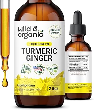 Turmeric Ginger Liquid Supplement - Ginger Turmeric with Black Pepper - Organic Turmeric Curcumin and Ginger Tincture - Vegan, Alcohol Free Drops - 2 fl oz