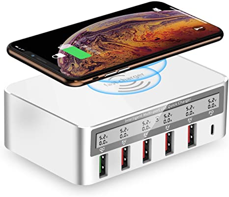 USB Fast Charger, Multi-Port 100W-6 Port USB Fast Charging Station，with Quick Charge 3.0 QC 3.0 and PD Speed Charger,with 10W Max Wireless Charging for iPhone Xs