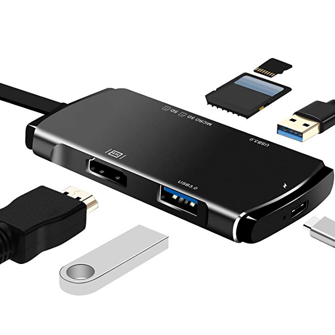 USB C Hub,HUBMAIN 6-in-1 USB Type C Hub Multiport Adapter with Type C Charging Port,2 USB 3.0 Ports,SD&TF Card Slot,4K HDMI Port for MacBook,ChromeBook,Huawei Matebook,Other USB C Devices,Black