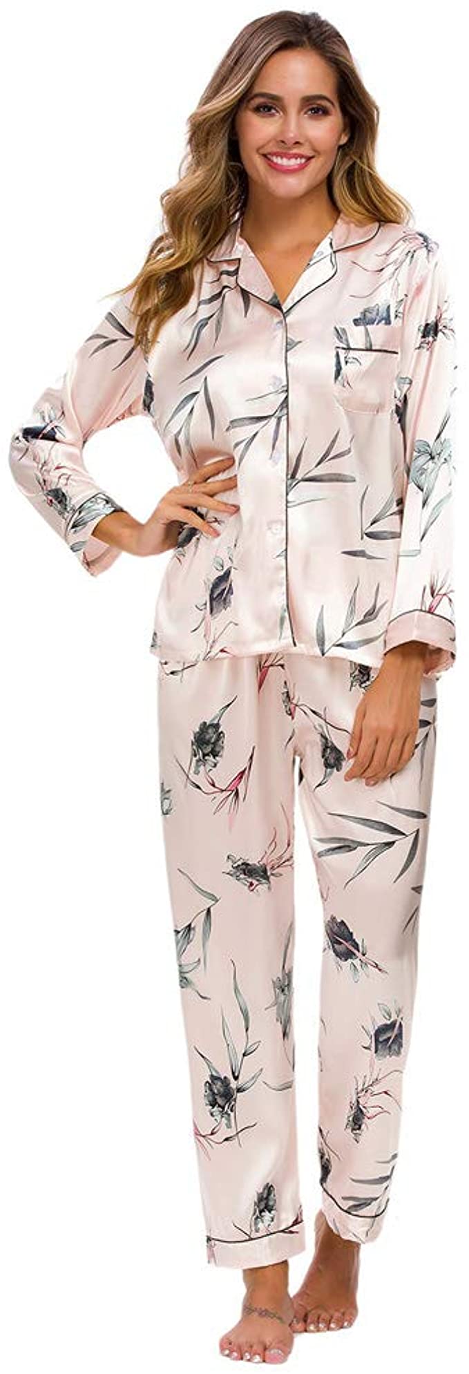 GOSO Ladies Pyjamas Set- Women Pyjamas Button Down Pjs for Women Sets Floral Long Sleeve Sleepwear Lady Nightwear Soft Lounge Sets for Ladies Pjs