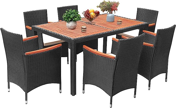 Flamaker 7 Piece Patio Dining Set Outdoor Acacia Wood Table and Chairs with Soft Cushions Wicker Patio Furniture for Deck, Backyard, Garden