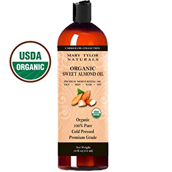 Organic Sweet Almond Oil 16 oz USDA Certified By Mary Tylor Naturals, Premium Grade, Cold Pressed, 100% Pure, Amazing Moisturizer for Skin Best Carrier oil for all Your DIY Projects, Great as Baby Oil