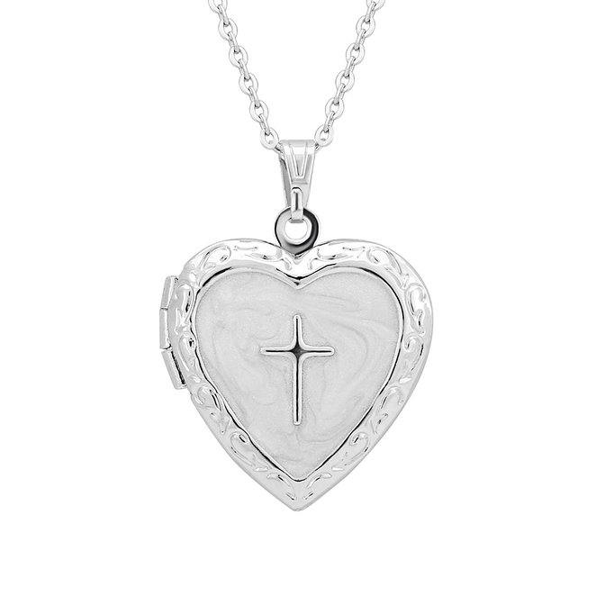 Rhodium Plated Openable Heart Shape Locket with Mother-of-Pearl Heart and Cross Necklace 20quot Chain