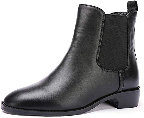 Odema Women Chelsea Boots Sahara PU Leather Low Heel Elastic Slip On Ankle Booties(Black Leather Lining)/(Black Velvet Lining)