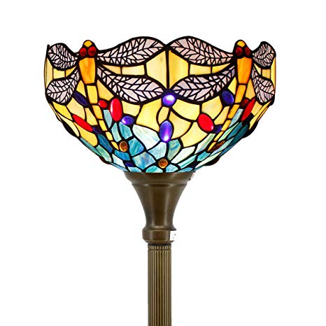 Tiffany Style Torchiere Light Floor Standing Lamp Wide 12 Tall 66 Inch Sea Blue Stained Glass Crystal Bead Dragonfly Lampshade for Living Room Bedroom Antique Table Set S128 WERFACTORY